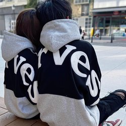 American-Style High Street Letter Patch Embroidery Hooded Sweatshirt for Men, Autumn and Winter Fleece-Lined, Stylish Color-Blocking Couple's Top