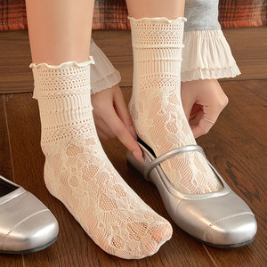 Hollow lace socks for women summer thin 2026 new hot style miu style ballet style with small leather shoes summer pile socks
