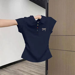 Girls' Navy Blue Short-Sleeved T-Shirt with a Turn-Down Collar, 2026 Summer New Style, Stylish Children's Top with Bow Print for Young Girls