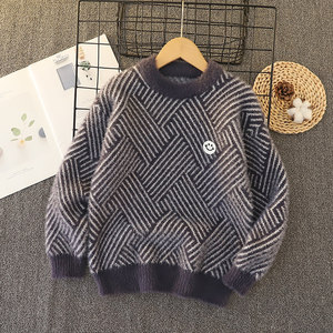 
Mink velvet boys sweater 2025 new autumn and winter round neck thickened pullover sweater handsome student warm clothes