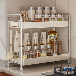 Stainless Steel Kitchen Spice Rack Double-Layer Household Countertop Condiment Salt Storage Rack Narrow Multifunctional Storage Rack