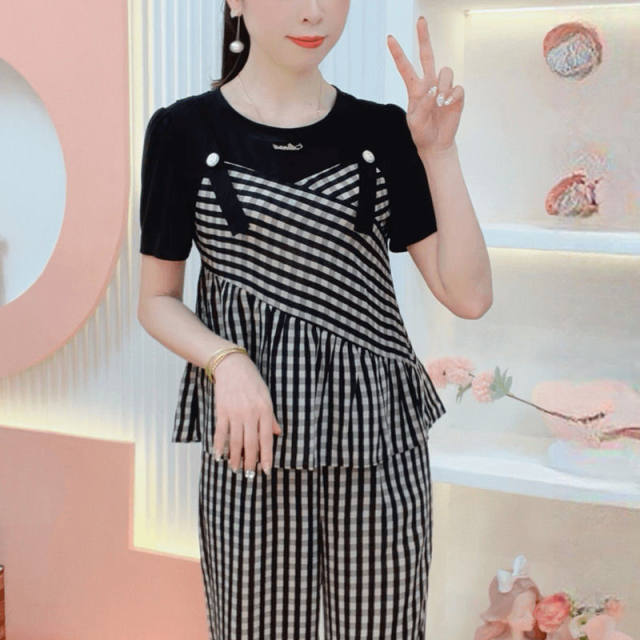 Fashionable spliced ​​striped top straight pants two-piece set for women's 2025 summer new high-end style slimming suit