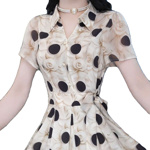 
Fashionable retro short-sleeved dress for women 2026 summer new style high-end lace-up waist slimming mid-length skirt