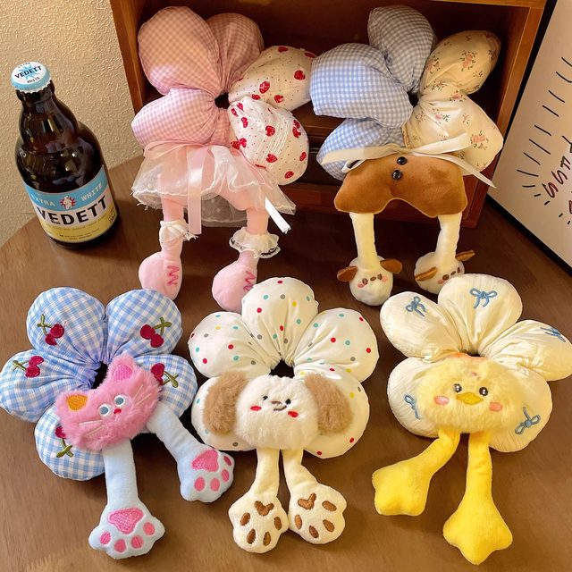 Cute cartoon fun flower large intestine hair tie for women high-end cotton-filled three-dimensional puppy headband little yellow duck hair tie for women