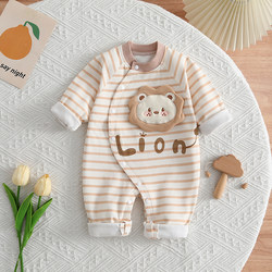 Baby Spring and Autumn Long-Sleeved Jumpsuit, Cute Cartoon Little Lion, Pure Cotton, Baby Boy's Autumn Clothing, Side-Button Romper