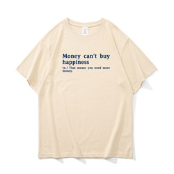 American-Style Lettering Can'T Buy Happiness, Fun Design Summer Short-Sleeve T-Shirt for Men, Pure Cotton, Loose Casual Shirt, Ins