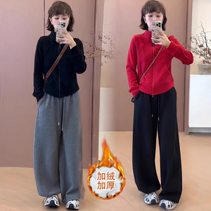 
Thickened velvet fashion suit for women, new style winter style stand-up collar sweatshirt, wide-leg pants, casual sports two-piece set