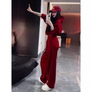 
Ankora red sports suit for women autumn and winter new loose casual sweatshirt wide-leg pants fashion two-piece set spring