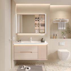 Cream-Colored Bathroom Cabinet with Integrated Ceramic Basin, Washbasin Cabinet Set, Bathroom Sink Basin, Bathroom Cabinet