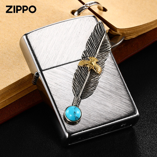 ジッポーライター - 本物のターコイズフェザーインレイ - 防風ギフト