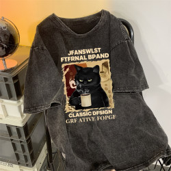 American Retro Washed Vintage Heavy Cotton Short-Sleeve T-Shirt for Men and Women, Summer Design, Couple Trendy Brand Top