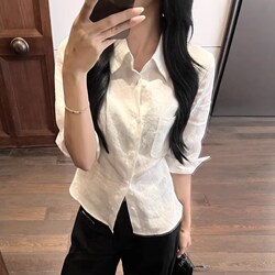 White Linen Mid-Sleeve Shirt for Women, Spring and Summer, Versatile, Polo Collar, Cotton-Linen Shirt, French Style, Slim-Fit Top