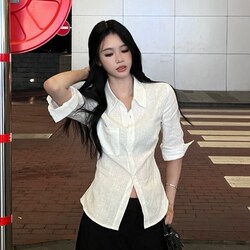 White Linen Cinched Waist Mid-Sleeve Shirt, Regular Shoulder, Short Style, Women's Spring and Summer, Super Pretty Cotton-Linen Shirt, French-Style Upper-Class Top