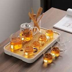 Japanese Glass Tea Set, High Temperature Resistant, Thickened Kung Fu Tea Cups, Transparent Black Tea Brewing Pot, Tea Tray, Simple Living Room