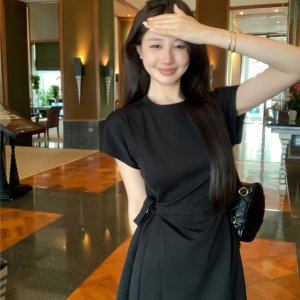 
DG2026 new summer women's black simple style slim A-line dress