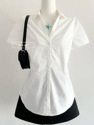 Vintage White Retro Waist-Cinching Shirt Top for Women, New Summer Design, Niche Solid Color Short-Sleeved Top