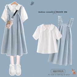 Girls' Sweet Summer Outfit Set 2025 New Stylish Preppy Style Short-Sleeved Drawstring Suspender Skirt Two-Piece Set for Older Children