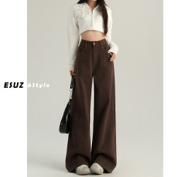 High-End Drapey Coffee Brown Wide-Leg Jeans for Women, Autumn and Winter Fleece-Lined 2025 New High-Waisted Loose Straight-Leg Pants for Women