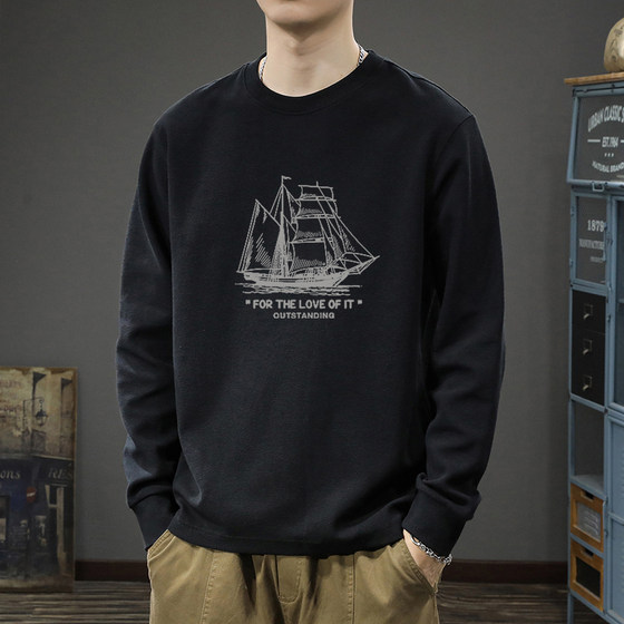 
Heavy cotton long-sleeved T-shirt men's loose large size autumn and winter trend new casual simple round neck bottoming shirt