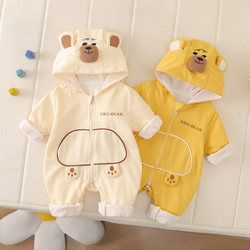 Baby Clothes, Spring and Autum Style, One-Piece Jumpsuit for Boys and Girls, Autum Romper with Hood, Outdoor Wear, Double-Layer Crawling Suit