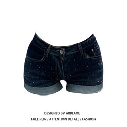 American-Style Hot Girl Rhinestone Denim Shorts for Women, Spring and Summer Niche Design, Slim Fit, Low-Waisted, Hip-Hugging Hot Pants