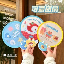 Dopamine Cartoon Fan, Outdoor Portable Foldable Handle Fan, Summer Children's Portable Folding Round Fan