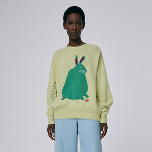 
HUI Hui Shao Ai Green Sheep Wool Cashmere High Elastic Multi-Stitch Knitted High Elastic Long Loose Women's Sweater Pullover