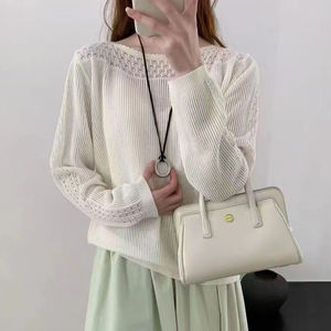 
One-shoulder crochet flower hollow pullover sweater for women early autumn new style French style lazy loose top