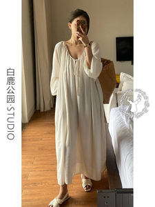 Sensei tea break pleated niche design V-neck dress nightgown for women in summer new large-size home clothes skirt
