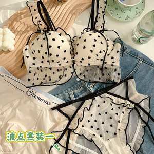 Couple underwear three -piece wave dot temptation transparent mesh gathers upper thin and thick love ruffled fairy panties
