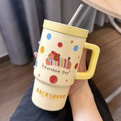 Dachshund Puppy Mug with Lid, Straw Cup, Ceramic Cup, Girl's Water Cup, Cartoon Large Capacity Household Coffee Cup