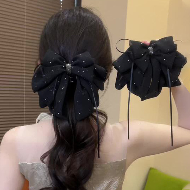 Starry sky full of stars and broken diamonds black bow half-tied hair clip 2025 new high-end high-end hair clip for women