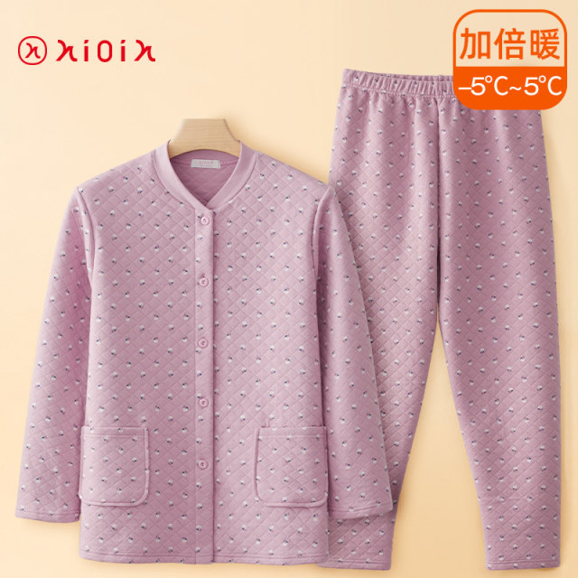 HIOIH thermal underwear for middle-aged and elderly women three-layer cotton thickened top mother pure cotton large-size cotton jacket autumn and winter