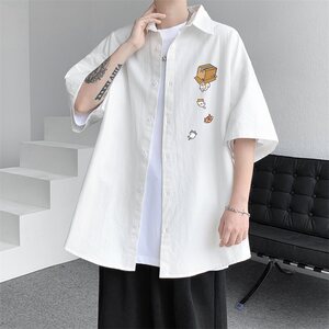 
Hong Kong style cartoon kitten short-sleeved shirt jacket men's summer clothing 2024 couple half-sleeved shirt loose five-point sleeve trendy