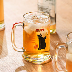 Beer Cat Cartoon Beer Mug with Handle, Thickened Glass Water Cup, Household Juice Cup, Durable Large-Capacity Cup