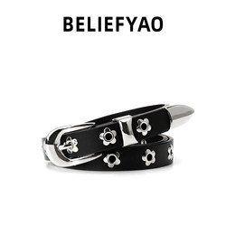 Beliefyao Original Floral Thin Belt with a Unique Design, Versatile Studded Punk Style Y2K Trendy Belt