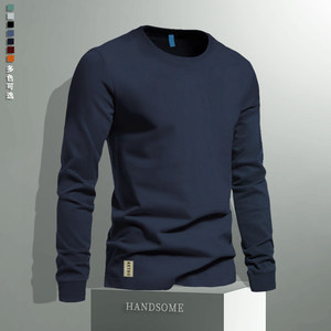 
American new style pure cotton long-sleeved T-shirt for men in spring and autumn solid color bottoming shirt heavy retro round neck sweatshirt men's top