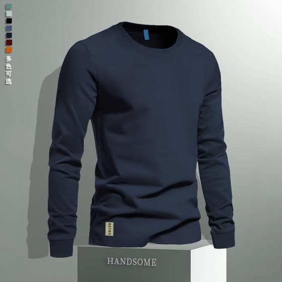 
American new style pure cotton long-sleeved T-shirt for men in spring and autumn solid color bottoming shirt heavy retro round neck sweatshirt men's top