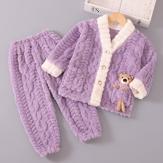 Autumn and winter girls' flannel children's pajamas winter coral velvet girls and boys baby thickened home clothes set