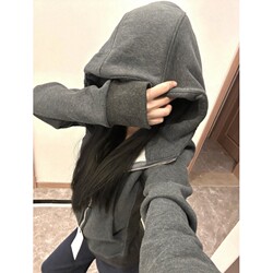 Early Spring Slim-Fit Sweatshirt Jacket for Women, Spring 2026 New Style, Gray Korean-Style Waist-Cinching Hooded Beautiful Sports Top
