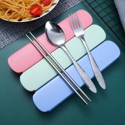 Chopsticks, Spoon, and Fork Set Portable Cutlery Three-Piece Set Stainless Steel Travel Cutlery Portable Cutlery for Elementary School Students