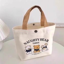 Bear Canvas Bag for Female Students, Portable for School and Work, Small Lunch Bag, Multifunctional Tote Bag, Canvas Bag