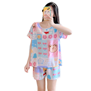 Summer short -sleeved cotton and silk pajamas Short -sleeved two -piece set of women in summer thin printed artificial cotton women's home service
