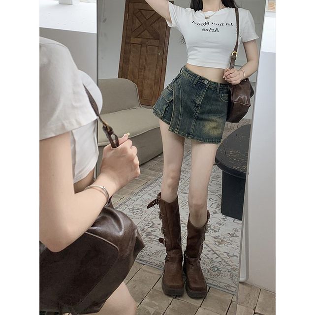 Retro washable and antique denim skirt women's summer hot girl high waist slim A-line skirt short skirt
