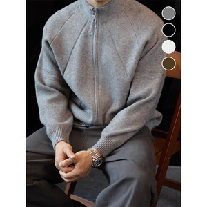 
Heavy blended stand-up collar splicing knitted sweatshirt jacket for men retro loose casual sweater zipper cardigan autumn and winter