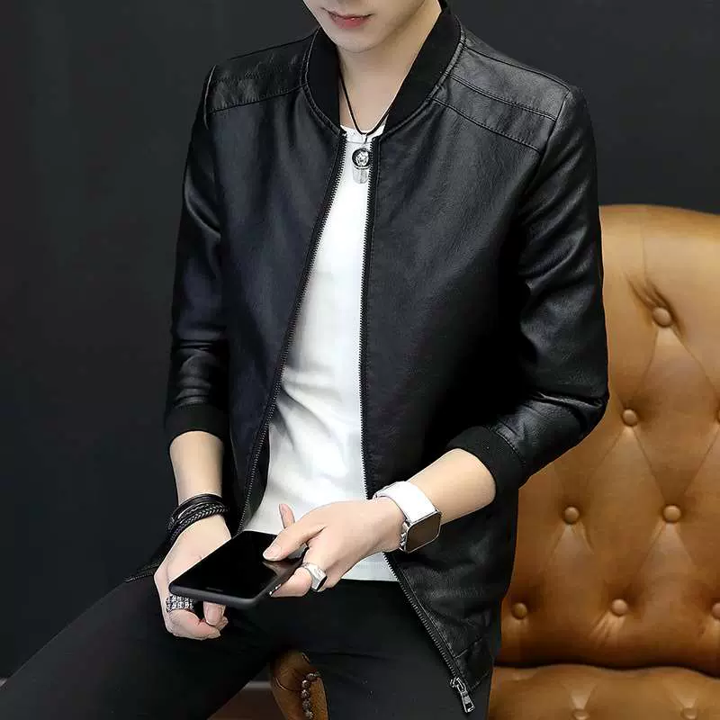 Popular men's leather jacket black thin section short casual-Taobao