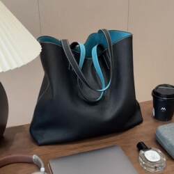 Black Genuine Leather Large-Capacity Tote Bag for Women 2026 New Style High-End Light Luxury Niche Color-Blocking Shoulder Bag Summer