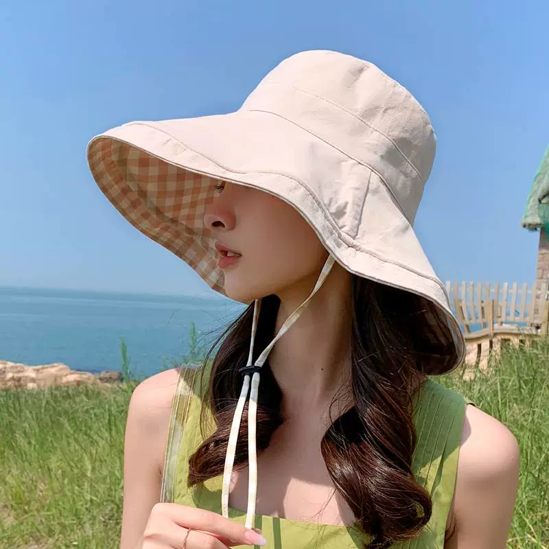 2023新款网红沙滩帽大帽檐双面格子渔夫帽女春夏天可折叠防晒遮阳-Taobao