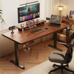 Solid Wood Electric Height-Adjustable Desk with Power Strip, Adjustable Gaming Desk, Home Study and Office Desk, Bedroom Computer Desk