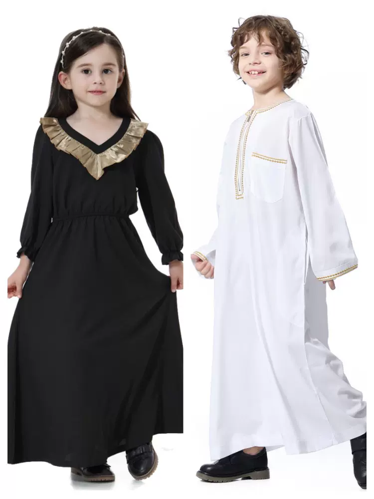 中东阿拉伯迪拜民族服装回族女孩儿童弹力麻V荷叶边撞色长袍TH614-Taobao